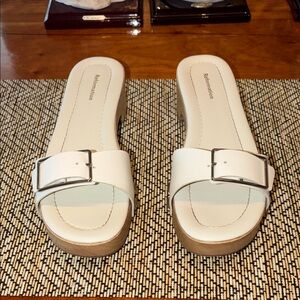 Reformation White Leather Mules with Silver Buckle